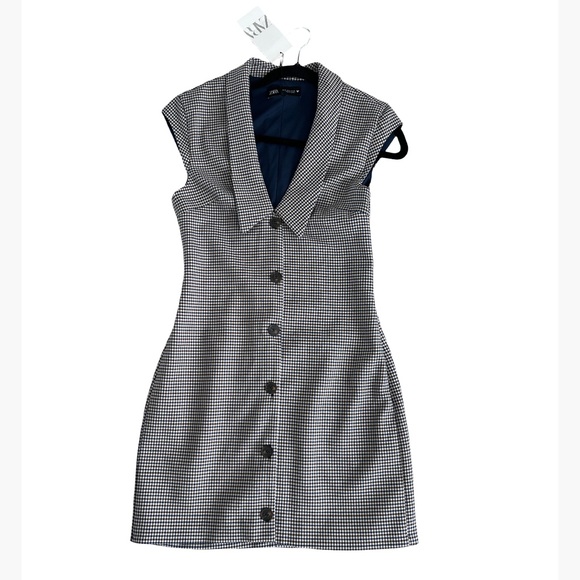 Zara NWT navy and brown mini houndstooth checkered lapel collar dress - Picture 4 of 9